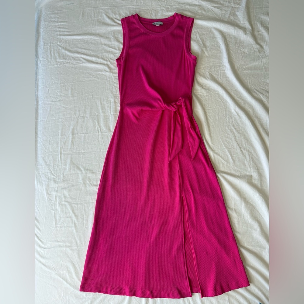 Evereve Ribbed Fuchsia Pink Wrap Knot Front Slit Tank Midi Dress Size Medium